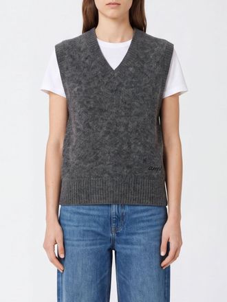 Ami Gilet in misto lana con scollo a V e bordi a costine