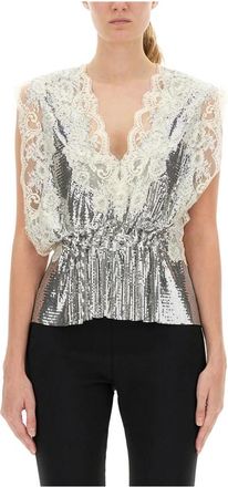 Paco Rabanne Top met kantinzet en gerimpelde taille - Dames - Blouses - Grijs - S - Overhemden