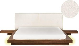 Beliani Modern eu King Size Platform Bed with led 5ft3 Side Tables Boucle Headboard Brown Ash Wood Zen