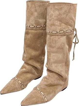 Generic Womens Chelsea Boots Suede Square Toe Mid Calf Dress Long Shoes