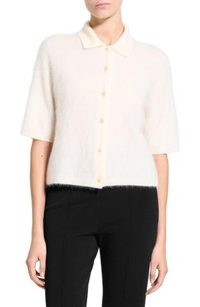 Theory Brushed Cashmere Short Sleeve Cardigan in Ivory at Nordstrom, Size Petite