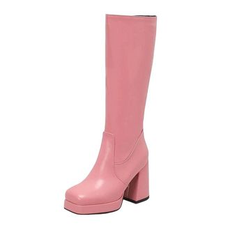 Generic Womens Glossy Patent Leather Knee Boots Square Toe Platform Ultra-High Thick Heel Winter Long Boots
