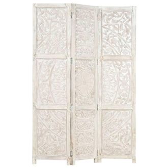 Berkfield Home Hand carved 3-Panel Room Divider White 120x165 cm Solid Mango Wood