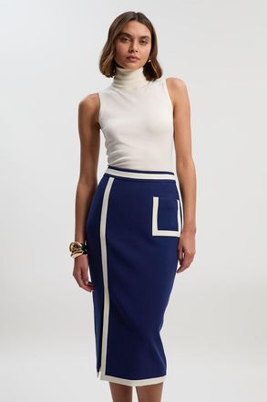 Karen Millen Womens Petite Compact Stretch Tipped Tailored Pencil Skirt - Navy - Size 14 UK