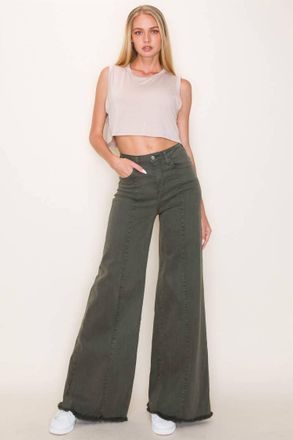 O2 Denim Front Seam Wide-Leg Western Jeans In Olive