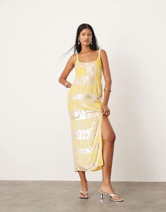 Asos Vestito giallo a righe con motivo geometrico decorato con scollo squadrato e gonna al polpaccio-Multicolore