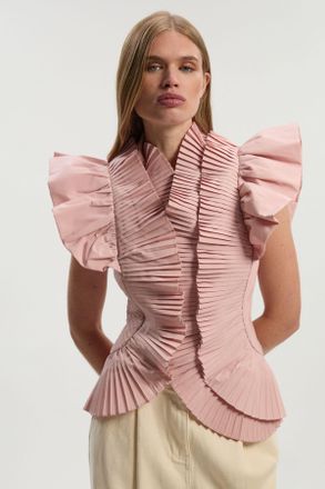 Karen Millen Womens Pleated Ruffle Sleeve Woven Top - Pink Cotton - Size 10 UK