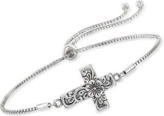 Ross-Simons Sterling Silver Bali-Style Floral Cross Bolo Bracelet