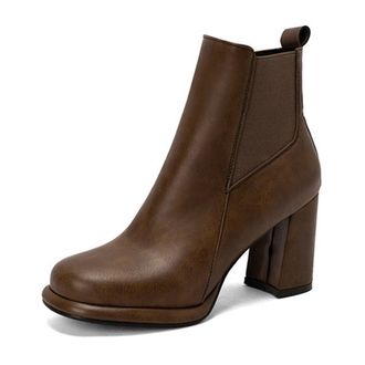 Generic Womens Elastic Wide Calf Ankle Boots Comfort Round Toe Block Heel Fashion Slip On Winter Dress Shoes (5.5,Coffee)