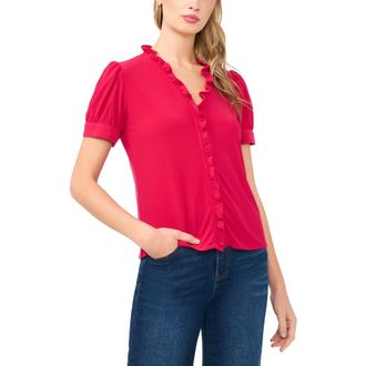 CeCe by Cynthia Steffe Ruffle Trim Crepe Knit Button-Up Top in Rose Cerise at Nordstrom, Size X-Large
