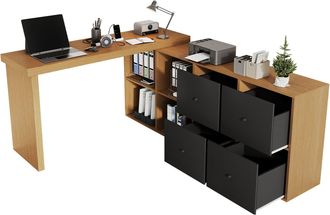 STILVORA Escritorio De Esquina Con 4 Cajones Y 4 Huecos, Tablero Giratorio 360&deg;, De Mdf, Para Despacho, Negro