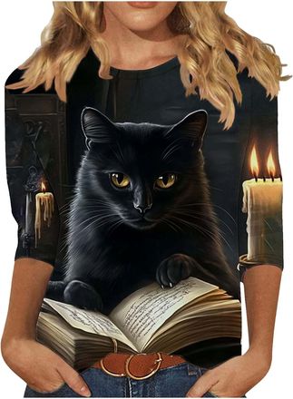 Generic Women 3/4 Sleeve Halloween T Shirt Crew Neck Halloween Graphic Tee Shirts Plus Size Fall Outfits Loose Fit Printed Casual Fashion Tops