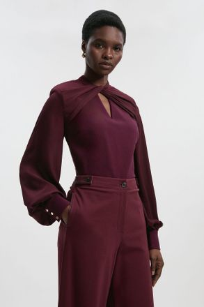 Karen Millen Womens Petite Ponte And Georgette Mix Balloon Sleeve Cut Out Detail Top - Purple Viscose - Size X-Small