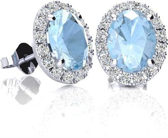 SuperJeweler 2 1/4 Carat Oval Shape Gemstone and Halo Diamond Earrings In Sterling Silver