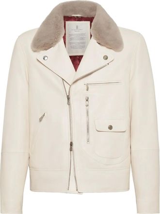Brunello Cucinelli Giacca in pelle con colletto in pelliccia - Toni neutri