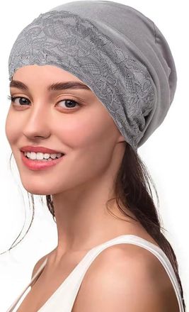 Generic Chemo Headwear Bamboo Wig Scalp Liner Scarf Soft Turban Cap Lightweight Alopecia Bandana Head Cover Beanie (Grey Lace Cap)