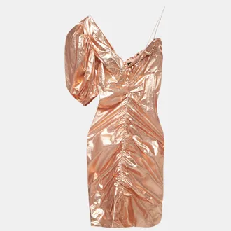 Isabel Marant Rose Gold Metallic Cotton One Shoulder Ruched Mini Dress