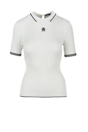 Tommy Hilfiger Beige Ribbed Knit Cotton Viscose Polyamide Silk Top