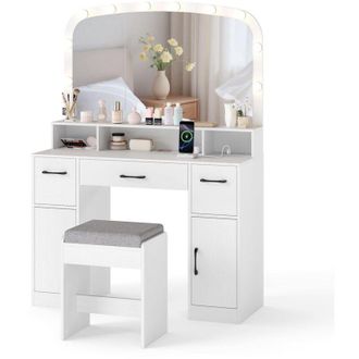 Costway Toeletta con specchio illuminato e sgabello, toeletta con contenitore, luce a 3 colori, tavolo da trucco 108 x 40 x 149 cm, bianco
