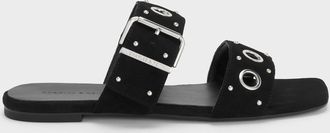 Charles & Keith Faux Suede Grommet Buckled Slides