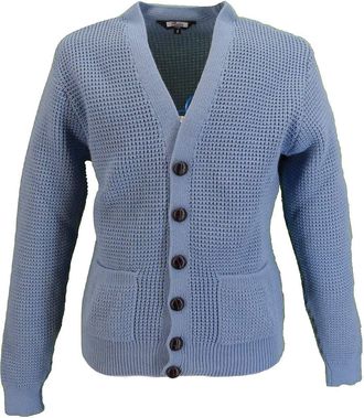 Relco Men's Classic Retro Waffle Knit Stone Cardigan With Pockets – 60s 70s Mod Style