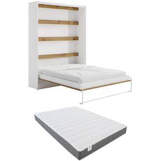 Vente-Unique Letto estraibile 160 x 200 cm Apertura verticale manuale Con LED Bianco e Naturale + Materasso - RAPILI
