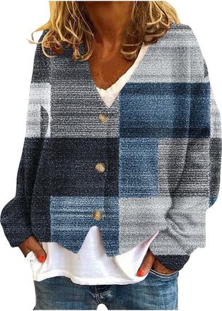 Generic Womens Fleece Coat UK Casual Long Sleeve Button Down V Neck Open Front Cardigan Fall Winter Striped Floral Print Tops Dressy Comfy Loose Fit Jacket Go