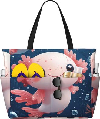 Generic Cute Axolotl Print Large Beach Bag Foldable Travel Shoulder Tote Bag With Pocket For Weekender Pool Vacation