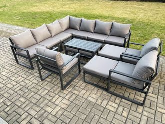 Fimous 14 Seater Aluminium Outdoor Garden Furniture Set Patio Lounge Sofa with Oblong Coffee Table 3 Pcs Chair 2 Small Footstools in Dark Grey