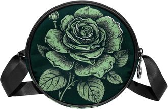 Generic Circle Crossbody Bag for Women, Green Black Rose Small Sling Bag Daypack with Zipper Adjustable Shoulder Straps Casual Ladies Girls Round Purse