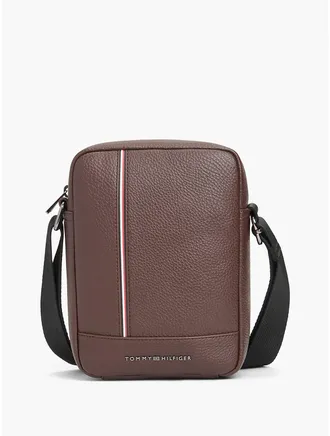 Tommy Hilfiger Mens Signature Stripe Pebbled Mini Reporter Bag - Coffee Bean