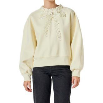 English Factory Beaded Ribbon Neck Sweatshirt in Cream at Nordstrom, Size X-Small