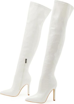 Generic White,4.5 UK,Womens Patent Leather PU Thigh High Boots Pointy Toe Side Zippe Fashion Comfy Stiletto High Heel Over The Knee Boot Fall Winter Dress Sho