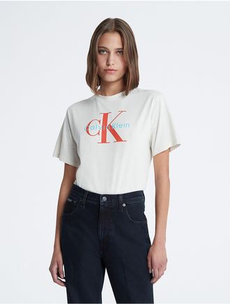 Calvin Klein Womens Monogram Logo Boxy Crewneck T-Shirt - White - XXS