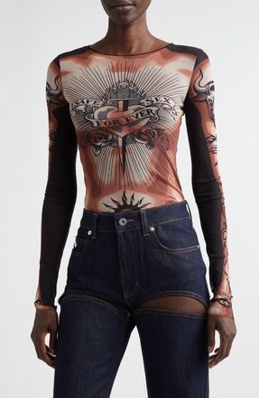 Jean Paul Gaultier Re-Edition Tattoo Trompe lOeil Long Sleeve Mesh Top in Beige/Brown/Black at Nordstrom, Size X-Large