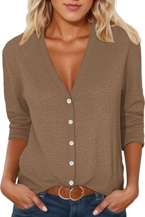 Generic Womens Lightweight Cardigan V Neck 3/4 Sleeve Button Front Sweater Casual Fall Spring Thin Knit Top for Ladies (Khaki, M)