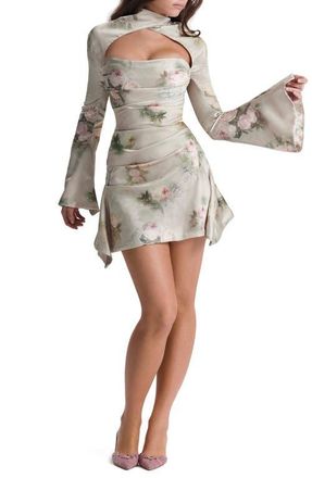 House of CB Toira Long Sleeve Satin Corset Minidress in Vintage Cream at Nordstrom, Size X-Small
