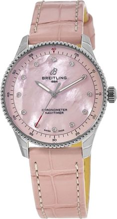 Breitling Navitimer 32 Pink Pearl Diamond Dial Leather Strap Womens Watch A77320D91K1P1