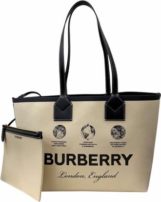 Burberry Beige Canvas Leather Pouch Tote Bag (Pre-Owned)