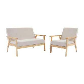Sweeek Sof&aacute; de 2 plazas y sill&oacute;n de pana con patas de madera, crema