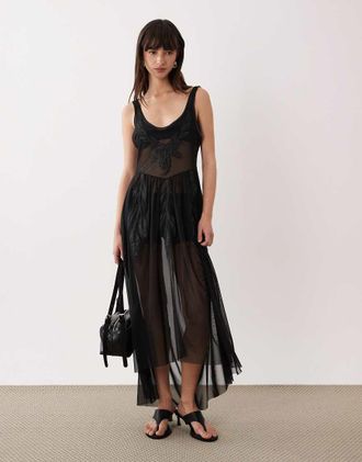 Miss Selfridge Vestito lungo nero in rete con applicazioni
