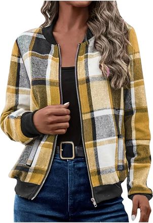 Generic Women Casual Zip Up Flannel Plaid Jackets Long Sleeve Baggy Outwear Coat Fall Pockets Jacket Short Small (Yellow, M)