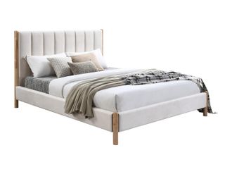 Vente-Unique Cama 180 x 200 cm con cabecero de costuras verticales - Terciopelo - Marfil - SIZAMA