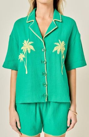 English Factory Tropical Embroidered Button-Up Shirt in Green at Nordstrom, Size X-Small