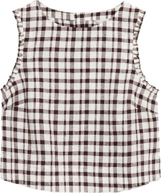 M&S Collection Gingham Ruffle Trim Linen Blend Crop Top in Brown/multi at Nordstrom, Size 12