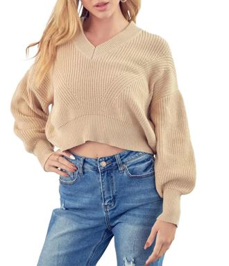 Merci Cropped Ribbed-Knit Sweater In Warm Taupe