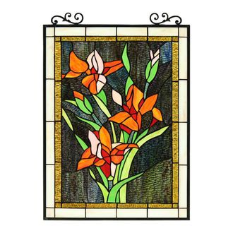 Chloe Lighting ORANGE LILY Floral Tiffany-Style Stained Glass Verical Hanging Window Panel 24 Tall