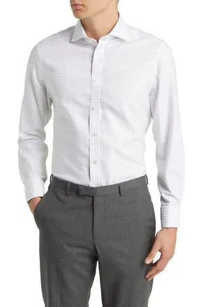 CHARLES TYRWHITT Non-Iron Clifton Weave Check Cutaway Slim Fit Shirt Double Cuff in White/silver Grey at Nordstrom, Size 16.5