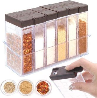 OEM Juego De Almacenamiento De Especias 6 Compartimentos, Pl&aacute;stico Transparente Tapas Dispensadoras Soporte Marrones, Especiero Multifuncional Cocina