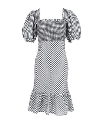 Ganni Ganni Smocked Puff Sleeve Gingham Dress in Black and White Polyester